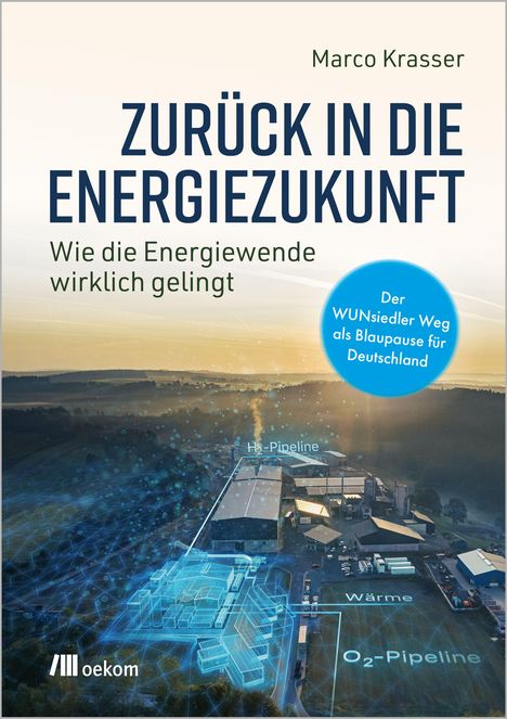 Text: „Zurück in die Energiezukunft - Wie die Energiewende wirklich gelingt“. Illustration einer Anlage mit Pipelines.
