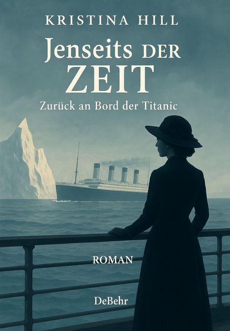 "KRISTINA HILL Jenseits der Zeit Zurück an Bord der Titanic ROMAN DeBehr." Silhouette einer Frau, Titanic, Eisberg.