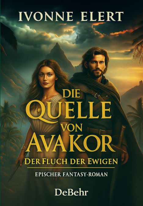 Der Text "Die Quelle von Avakor" in Großbuchstaben über einem Paar. Hintergrund: Landschaft mit Bergen und Palmen.