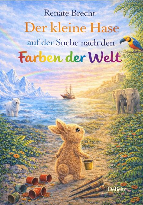 Buchtitel in bunten Lettern: "Der kleine Hase auf der Suche nach den Farben der Welt". Illustration mit Hase, Tieren und Ballons.