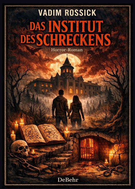 Text: "Vadim Rossick, Das Institut des Schreckens, Horror-Roman, DeBehr." 
Eine unheimliche Szene mit Schloss, Vollmond, Buch und Schädel.