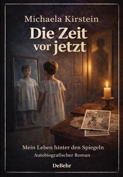 Titel: "Die Zeit vor jetzt" von Michaela Kirstein. Ein Kind vor einem Spiegel, daneben ein Tisch mit Kerze und Fotos.