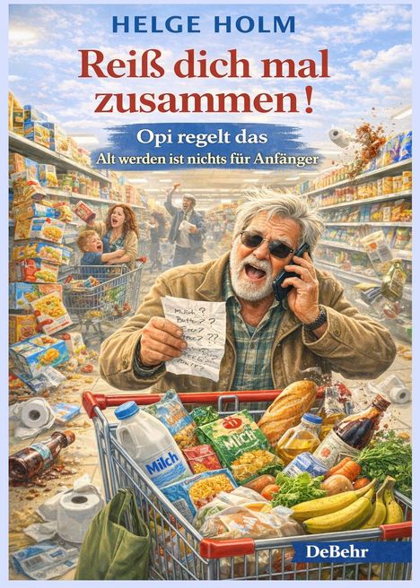 Text: "Reiß dich mal zusammen! Opi regelt das. Alt werden ist nichts für Anfänger." Ein Mann mit Einkaufsliste im Supermarkt.