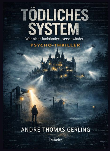„TÖDLICHES SYSTEM“, „Wer nicht funktioniert, verschwindet“. Eine dunkle Burg mit Suchscheinwerfern und einem einsamen Mann.