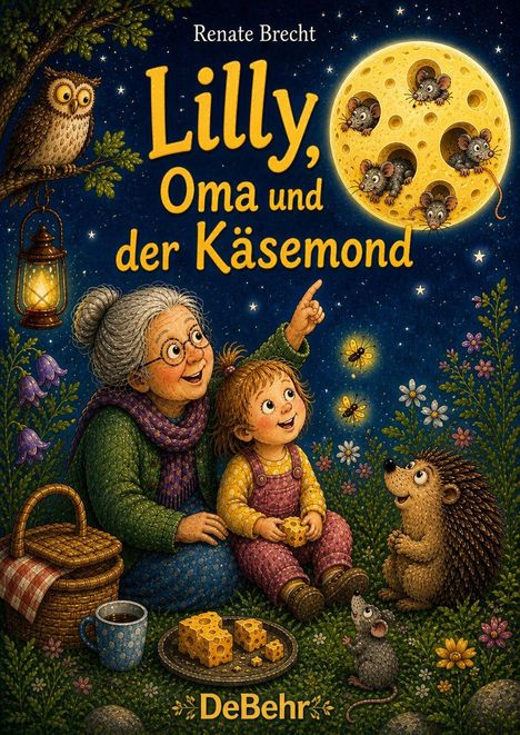 „Lilly, Oma und der Käsemond“ steht im Zentrum. Eine Oma und ein Kind betrachten den Mond voller Mäuse, umgeben von Waldtieren.
