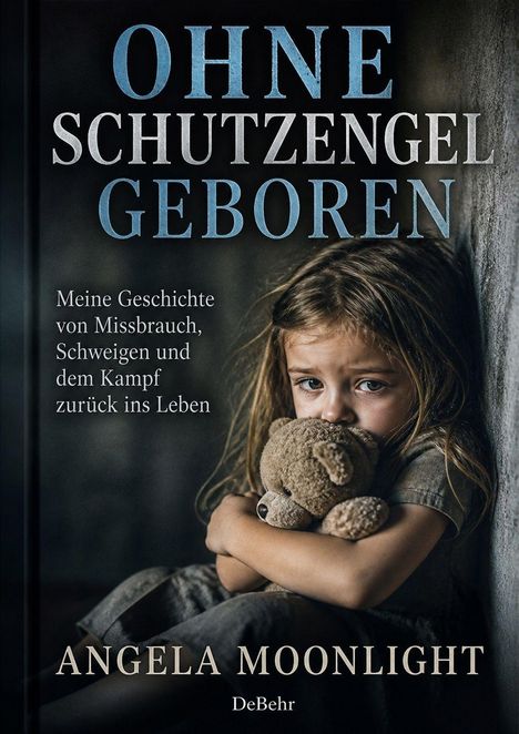 Buchtitel: "OHNE SCHUTZENGEL GEBOREN". Ein Kind umarmt einen Teddy, sitzt traurig an einer Wand. Autor: Angela Moonlight.