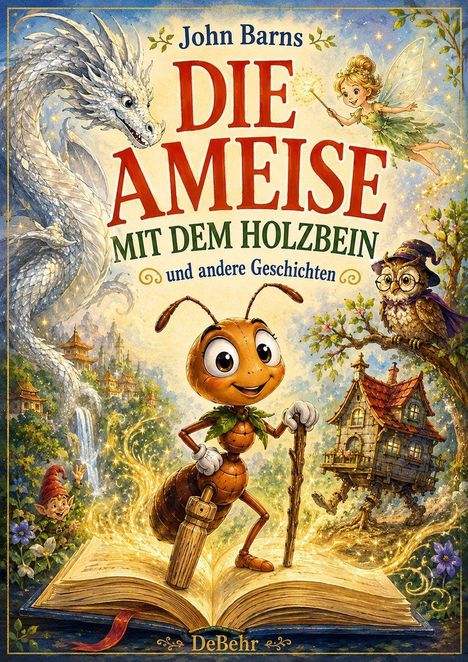 "John Barns, DIE AMEISE MIT DEM HOLZBEIN und andere Geschichten, DeBehr" steht auf einer fantasievollen Buchillustration.