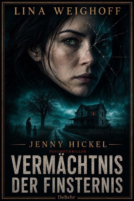 Text: "Vermächtnis der Finsternis, Psychothriller, Jenny Hickel, Lina Weighoff, DeBehr." Eine Frau mit zerkratztem Gesicht vor düsterem Haus.