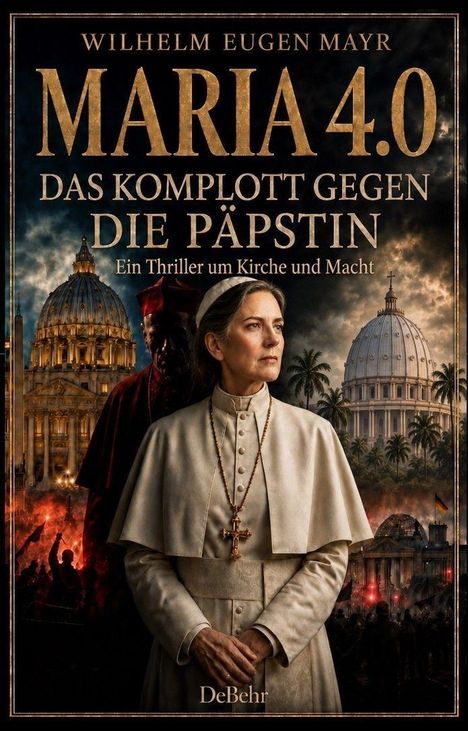 "MARIA 4.0 DAS KOMPLOTT GEGEN DIE PÄPSTIN." Eine Frau in religiöser Kleidung vor Kuppelbauten und Menschenmengen.