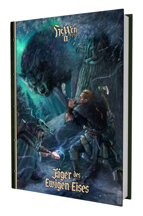 "Hexen II 1733", "Jäger des Ewigen Eises". Dunkle, mystische Illustration mit Kriegern, Wald, Wolf und leuchtendem Artefakt.