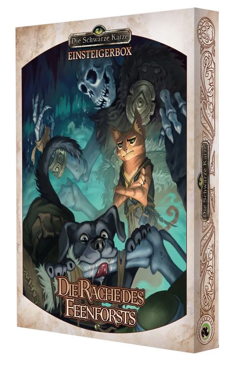 "Die Schwarze Katze: Einsteigerbox – Die Rache des Feenforsts" als farbenfrohe Illustration mit Katze, Hund und Skelett.