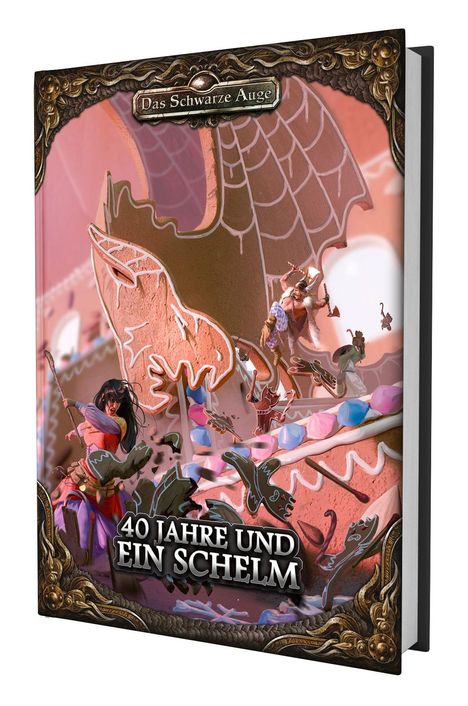 "Das Schwarze Auge", "40 Jahre und ein Schelm". Fantasy-Illustration mit Kämpfern vor einer großen, verzierten Lebkuchenfigur.