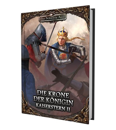 "Die Krone der Königin, Kaiserstern II". Zwei Ritter kämpfen. Oben ein Logo "Das Schwarze Auge".