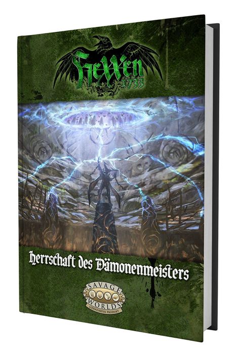 Text: "Hexen 1733", "Herrschaft des Dämonenmeisters", "Savage Worlds". Illustration: Dunkle Gestalt mit mystischer Energie.
