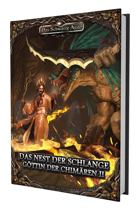 Titel: "Das Nest der Schlange, Göttin der Chimären II". Ein Magier kämpft vor einem Drachen in einer feurigen Szene.