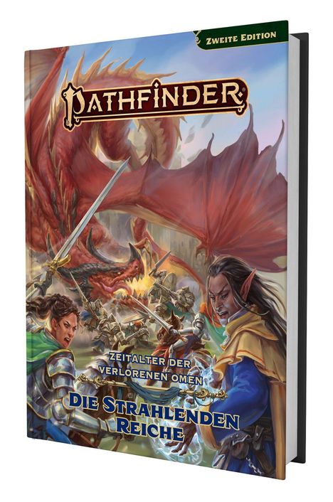 Logo „Pathfinder“, Text „Zweite Edition“, „Zeitalter der verlorenen Omen“, „Die strahlenden Reiche“. Fantasy-Szene mit Drachen.