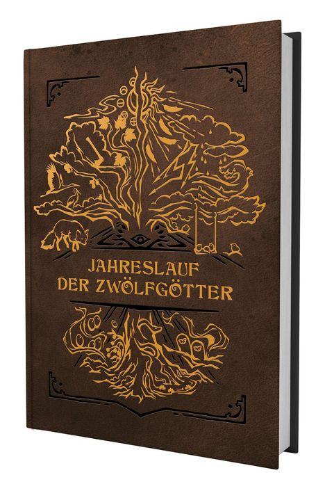 "Jahreslauf der Zwölfgötter" in goldener Schrift, mit stilisiertem, detailliertem Baum-Design auf dunklem Einband.