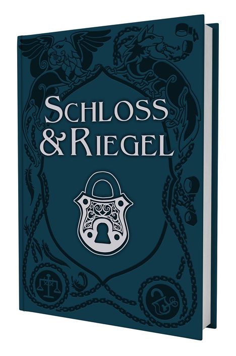 Text "Schloss & Riegel", stilvolles Vorhängeschloss-Design, umrahmt von dekorativen Ketten und Tiermotiven.