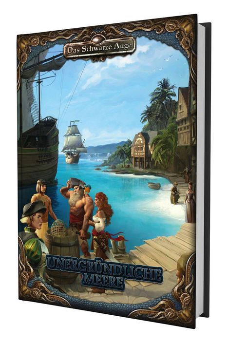 Titel: "Das Schwarze Auge – Unergründliche Meere". 

Eine Illustration zeigt Piraten, Schiffe und eine tropische Küstenlandschaft.