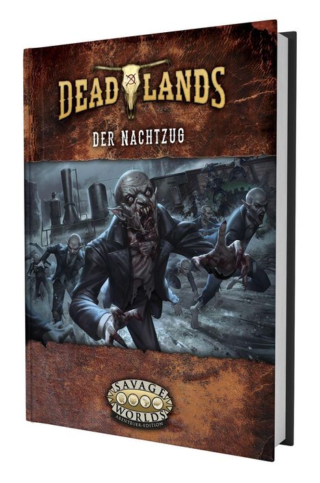 "Deadlands: Der Nachtzug" auf einem Buchcover. Illustrationen von gruseligen Kreaturen und einem Zug im Hintergrund.