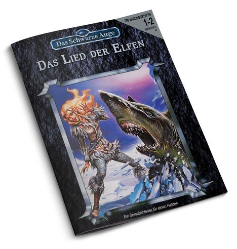 "Das Lied der Elfen" steht auf einem Spielheft mit Illustration: Ein Elf und ein Monster in einer winterlichen Szene.