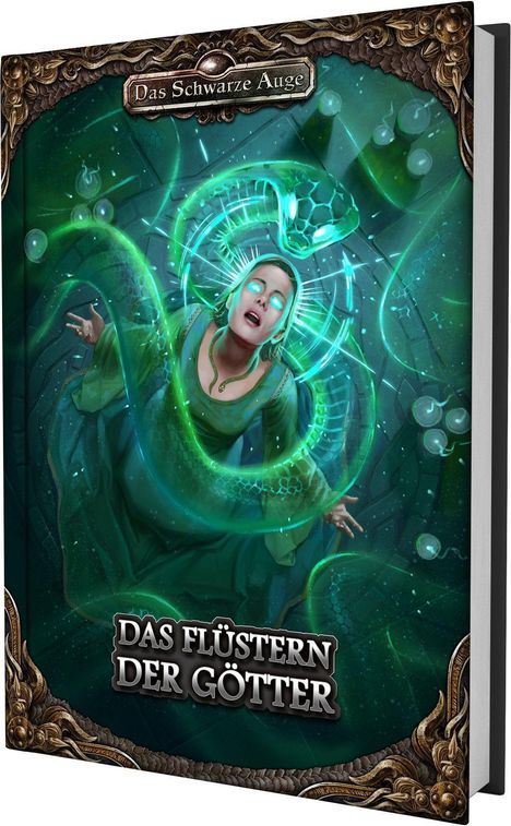 Text: "Das Schwarze Auge", "Das Flüstern der Götter". Illustration: Eine Person in einem grünen Kleid, umgeben von einer leuchtenden Schlange.