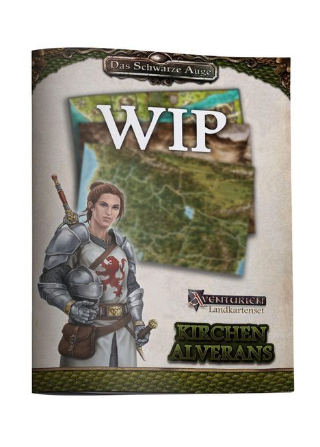WIP, "Aventurien Landkartenset", "Kirchen Alverans". Illustration einer Kriegerin in Rüstung mit einem Schwert und Helm.