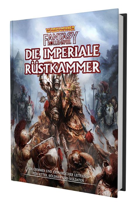 "Warhammer Fantasy Rollenspiel: Die Imperiale Rüstkammer. Leitfaden für Ritter, Söldner und Soldaten." Illustration: Schlachtenszene mit Rittern in Rüstungen.