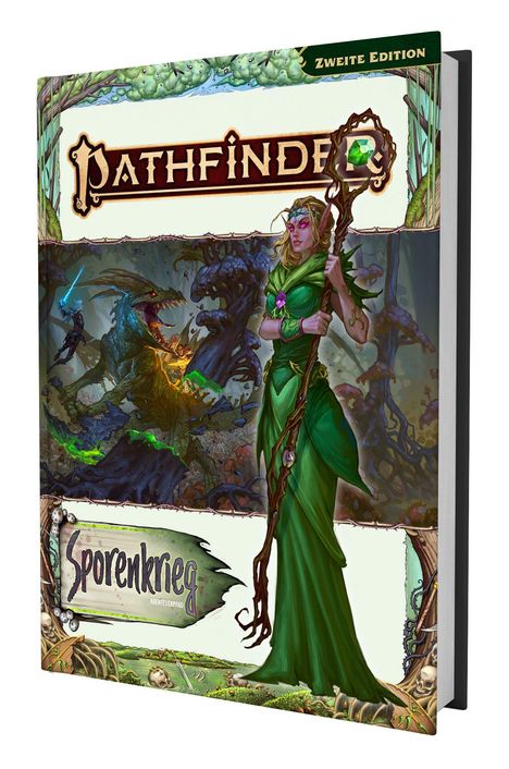 Text: "Pathfinder", "Zweite Edition", "Sporenkrieg Abenteurerpfad". 

Ein Cover zeigt Figuren in einem fantastischen Wald.