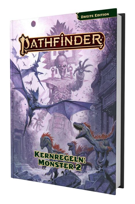 "Zweite Edition, Pathfinder, Kernregeln: Monster 2." Eine Illustration zeigt Dinosaurier und eine mystische Kreatur.