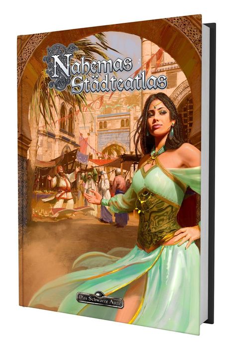 „Nahemas Städteatlas“ in kunstvollem Schriftzug. Illustration: Frau in grünem Kleid vor orientalischem Marktplatz.