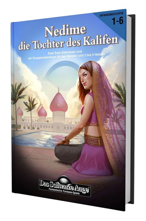 „Nedime die Tochter des Kalifen“, Abenteuerbuch. Frau in orientalischem Gewand, Paläste im Hintergrund, Palme.
