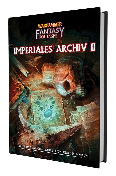 "Warhammer Fantasy Rollenspiel. Imperiales Archiv II. Eine grimme und gefährvolle Erkundung des Imperiums."  
Cover mit Totenschädel und Karten.