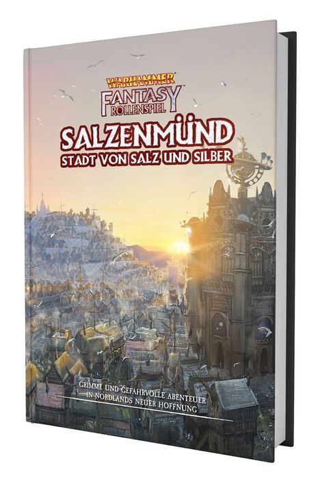 „SALZENMÜND: Stadt von Salz und Silber“; düstere Stadtlandschaft im Sonnenuntergang, Turm mit komplexen Details.