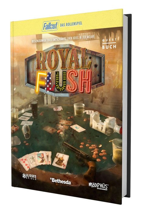 "Royal Flush" steht groß in Neonbuchstaben. Ein Spieltisch mit Karten, Chips und leeren Gläsern ist chaotisch dargestellt.