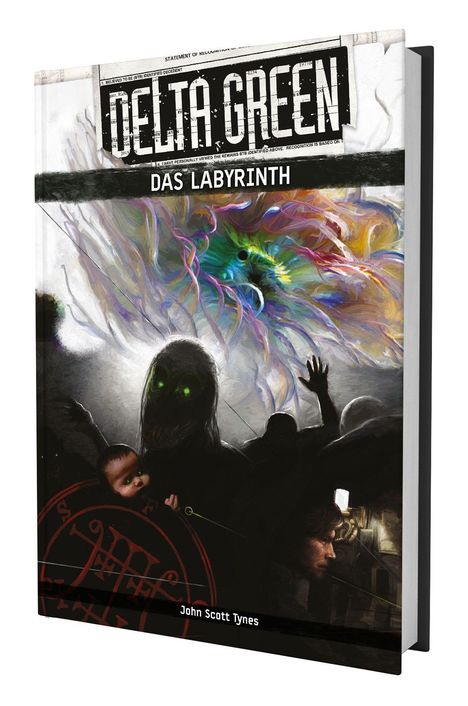 "DAS LABYRINTH" ist ein Buch mit gruseligem Cover: Kreatur mit leuchtenden Augen, im Hintergrund farbenfrohes Wirrwarr.