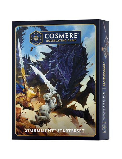 „Cosmere Roleplaying Game“, „Sturmlicht Starterset“. Illustration: Zwei Ritter kämpfen gegen einen Drachen.