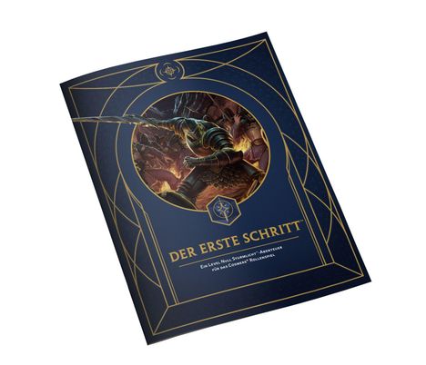 Text: "DER ERSTE SCHRITT - Ein Level Null Sturmlicht-Abenteuer für das Cosmere®-Rollenspiel." Illustration eines Ritters.