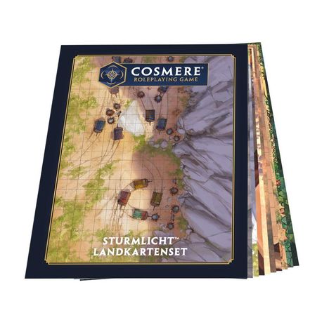 "STURMLICHT™ LANDKARTENSET" und "COSMERE® ROLEPLAYING GAME". Kartenillustration mit Felsen und Bäumen.