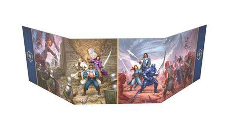 Eine Illustration zeigt fantasyähnliche Szenen mit Kriegern, Magiern und Kreaturen in actionreichen Posen.