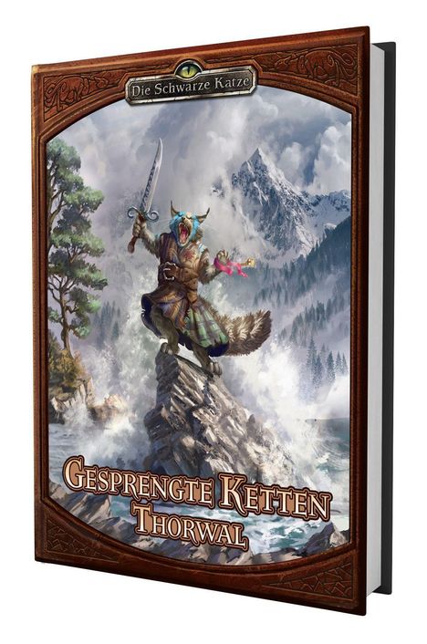 Titel: "Gesprengte Ketten Thorwal". Illustration: Ein Krieger-Luchs steht auf Felsen vor stürmischem Meer und Bergen.