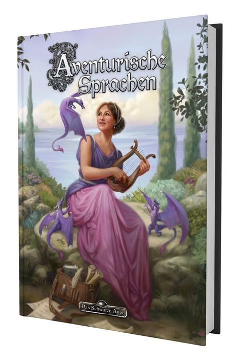 „Aventurische Sprachen“ steht oben. Eine Frau spielt eine Harfe, umgeben von kleinen lila Drachen.