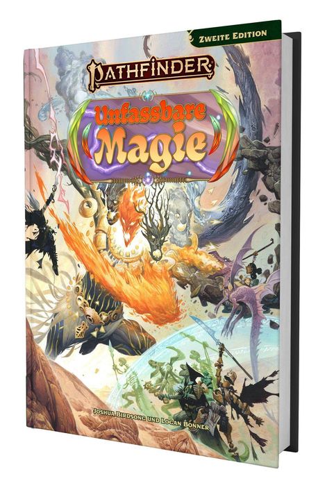 „Pathfinder: Unfassbare Magie“ in buntem Schriftzug, „Zweite Edition“. Fantastische Figuren in einem epischen Kampf.
