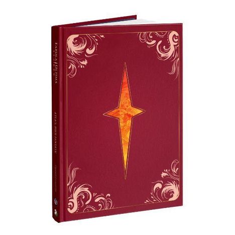 Ein dunkelrotes Buch mit floralen Verzierungen in den Ecken und einem orange leuchtenden Stern in der Mitte.