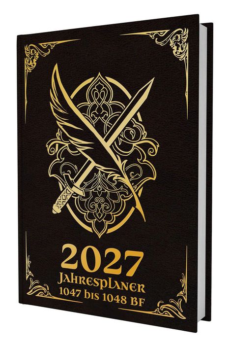2027 Jahresplaner, 1047 bis 1048 BF. Goldene Verzierungen, Feder und Schwert auf dunklem Hintergrund.