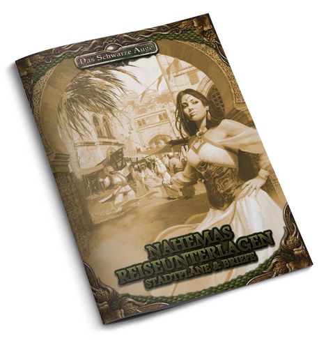 Text: "Das Schwarze Auge", "NAHEMAS REISEUNTERLAGEN", "STADTPLÄNE & BRIEFE". Eine Illustration einer Frau auf einem orientalischen Markt.