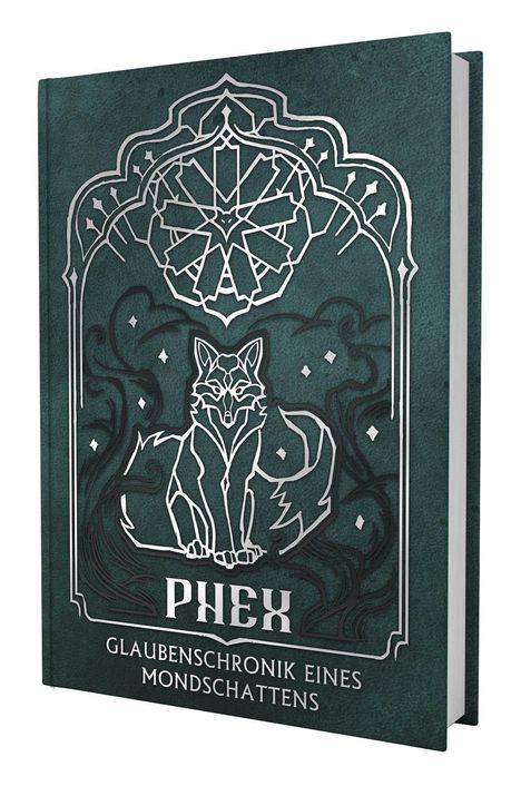 "Phex – Glaubenschronik eines Mondschattens". Ein stilisierter Fuchs und geometrische Muster in Silber auf dunklem Hintergrund.