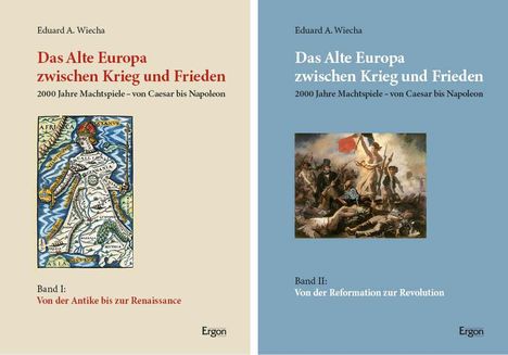 Links: "Band I: Von der Antike bis zur Renaissance" mit einer alten Europakarte. Rechts: "Band II: Von der Reformation zur Revolution" mit einem Gemälde von Menschen und Fahne.