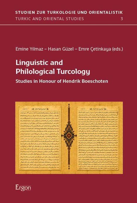 Buchtitel: "Linguistic and Philological Turcology". Bild eines alten Buches mit arabischer Schrift auf gelbem Papier.