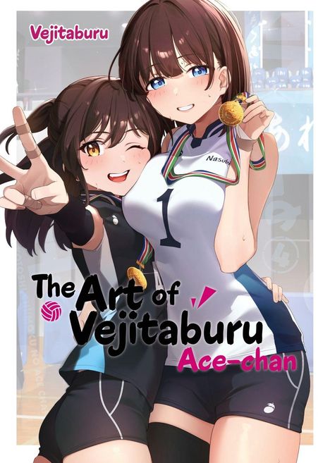 "The Art of Vejitaburu" und "Ace-chan" oben und unten. Zwei glücklich lächelnde Frauen in Sportkleidung halten Medaillen.